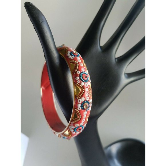Vintage 70s India Painted Beaded Mirrored Bangle Bracelets Boho Hippie Festival - Picture 3 of 7